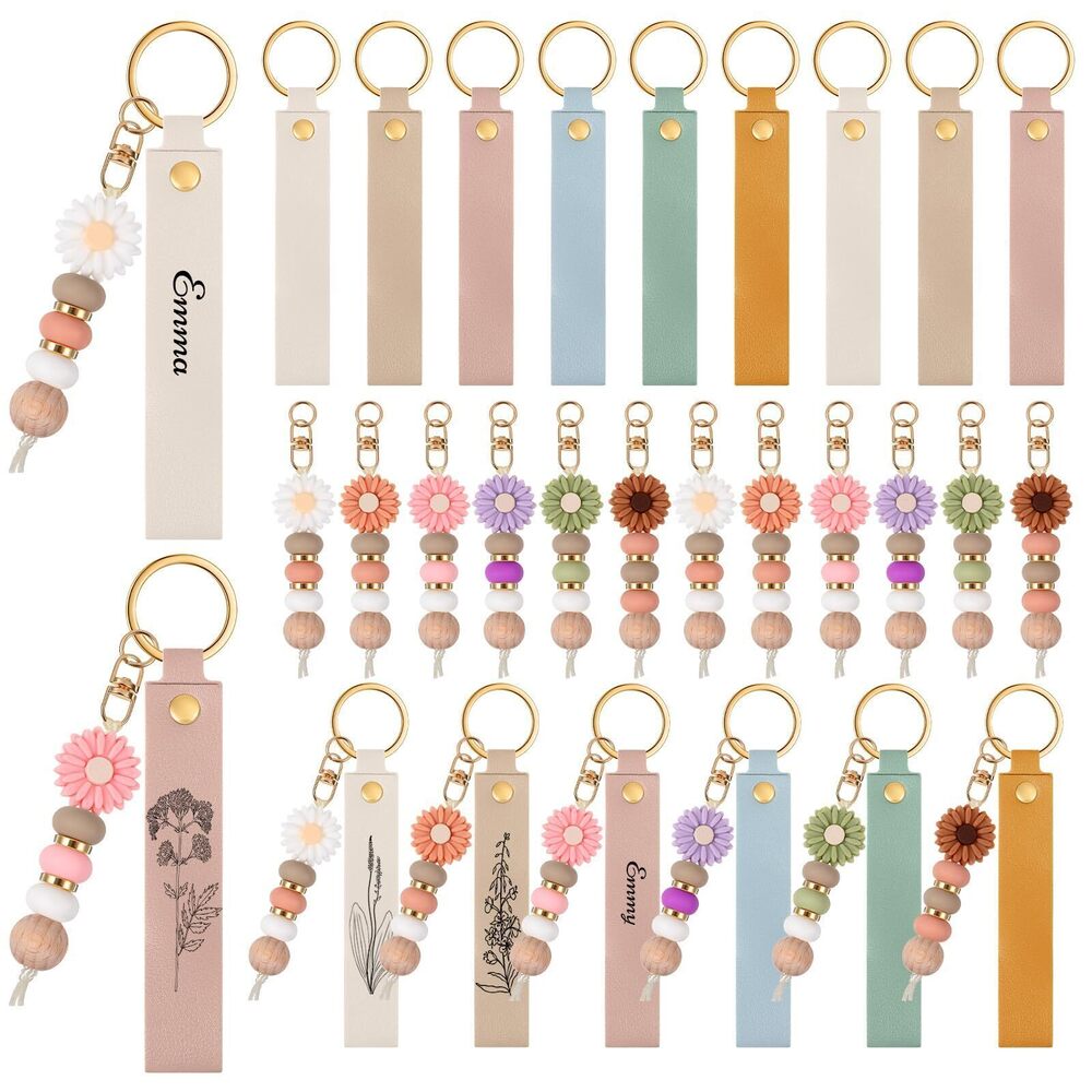 5601 12 Pcs Daisy and PU Leather Beadable Keychain Bars Bulk Laser